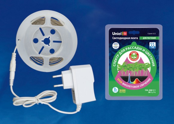 Комплект светодиодной ленты UNIEL 2 м в блистере. Адаптер 18 Вт. Спектр для рассады и цветения Комплект светодиодной ленты UNIEL 2 м в блистере. Адаптер 18 Вт. Спектр для рассады и цветения